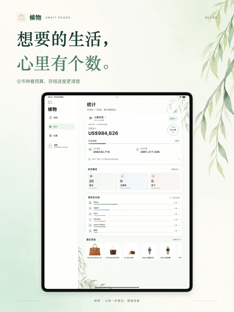候物 iPad：心愿预算统计