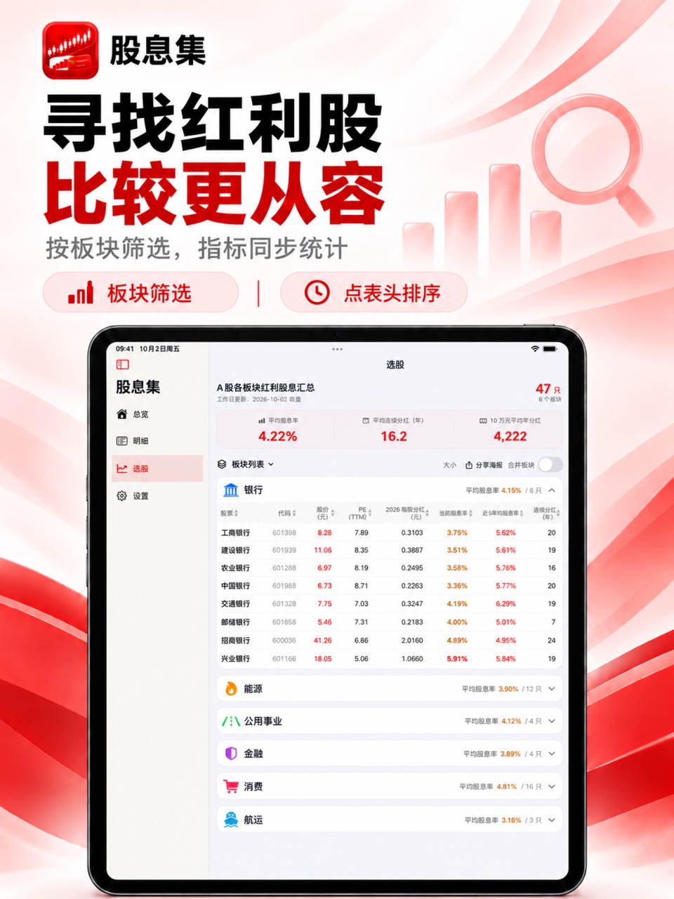 股息集 iPad：红利选股与板块筛选