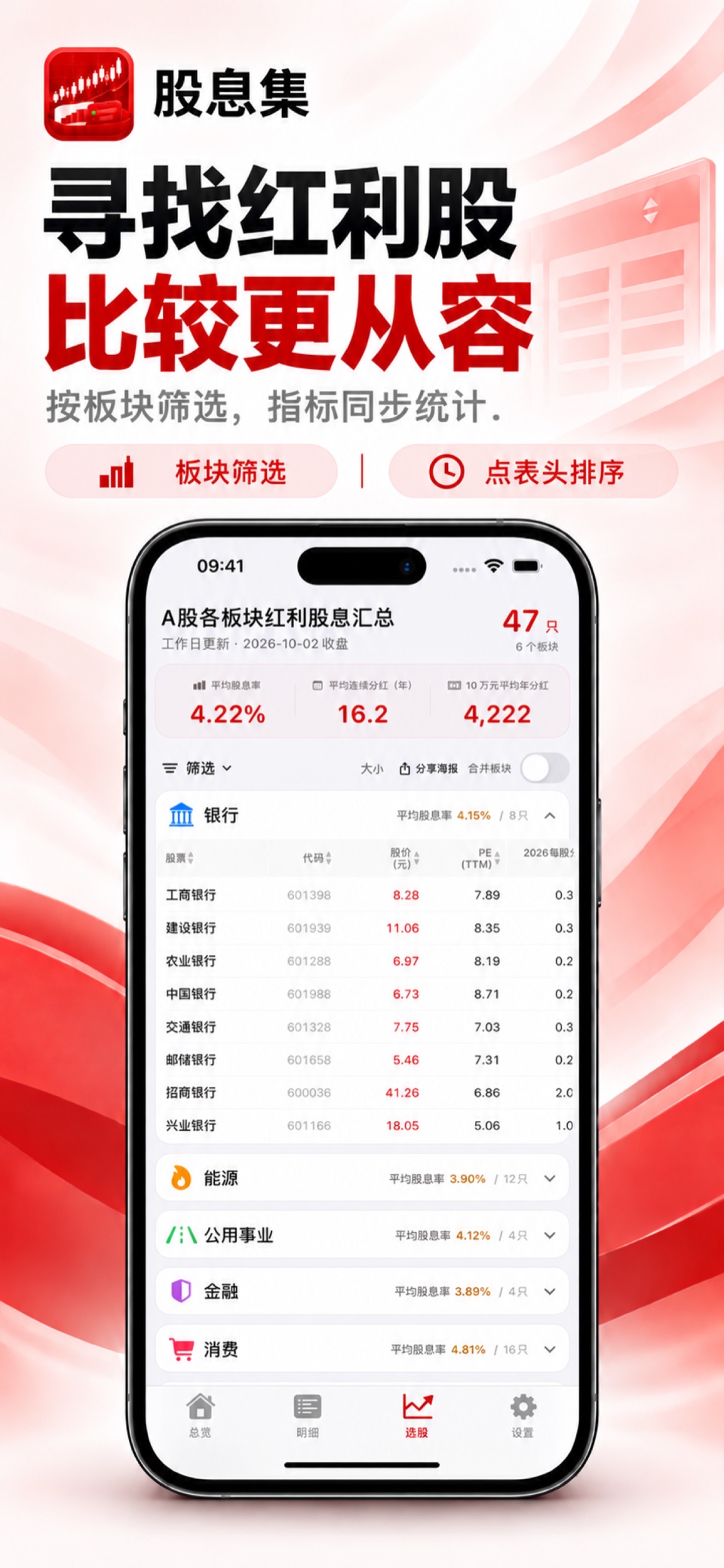 股息集 iPhone：红利选股与板块筛选