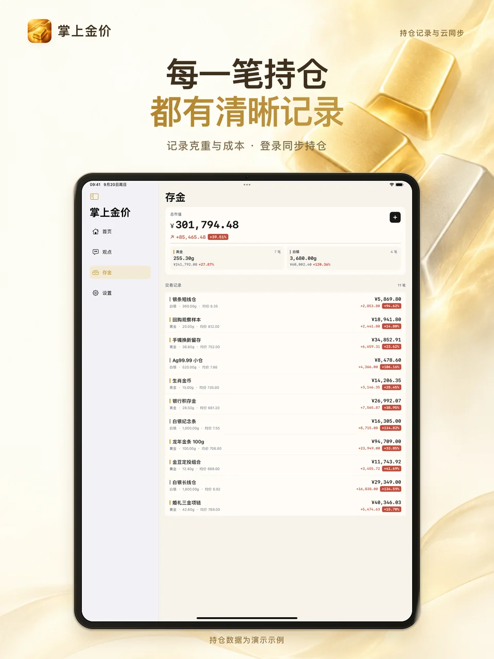 掌上金价 iPad：持仓与盈亏