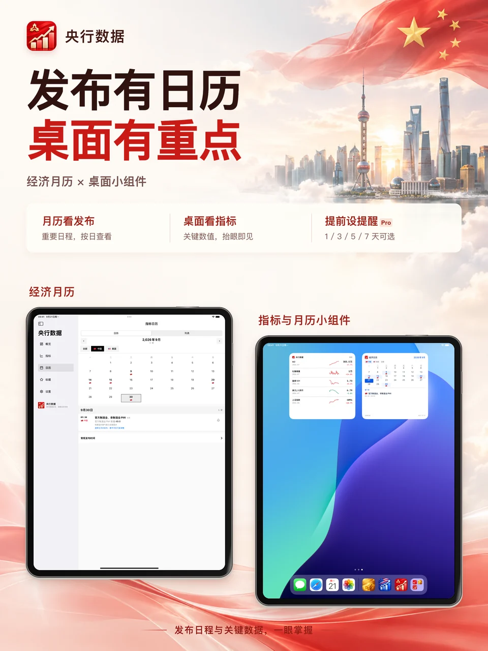央行数据 iPad：经济日历小组件